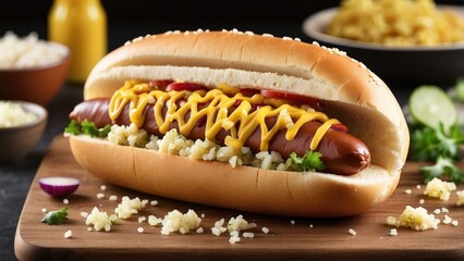 A classic hot dog served in a sesame seed bun, topped with yellow mustard and diced onions.