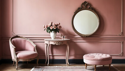 Elegant Pink Room Featuring Antique Furniture and Round Mirror