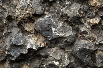 Fototapeta premium Jagged black and grey rocks form a rough, textured wall. Use as backgrounds for earthy, industrial, or nature designs.