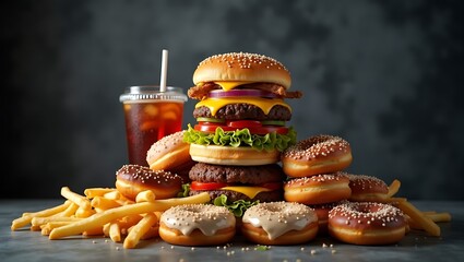 Giant Burger Fries Donuts Unhealthy Indulgence