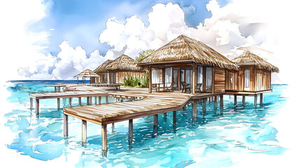 Fototapeta premium Luxurious Watercolor Maldives Overwater Bungalow