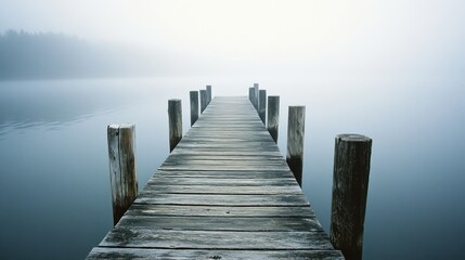Obraz premium Misty morning wooden dock leading to horizon