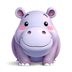 Naklejka premium Hippo – 3D baby hippo, plump and round, tiny ears, big smile, pastel purple and blue tones, white background. Generative AI