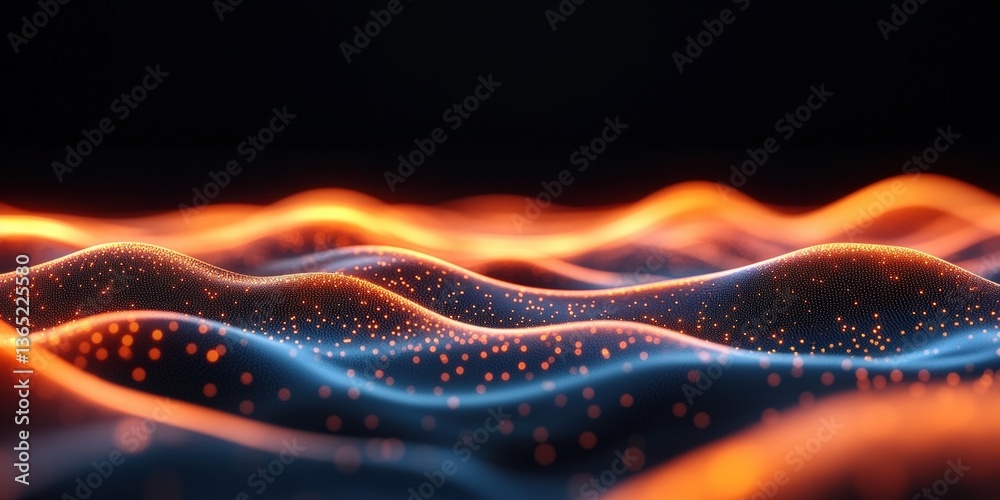 Poster 3d blue orange abstract with digital connections and lines, dots representing digital binary data. c