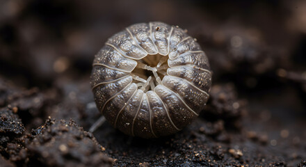 Defensive posture: Pillbug curled into a protective ball on damp soil macro