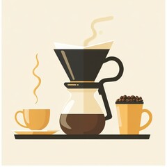 Obraz premium A contemporary flat design illustrates the process of brewing coffee with a pour over maker. Steam rises gracefully as coffee beans rest nearby perfect for youth interested in this engaging hobby