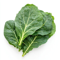 Close up of fresh green collard leaves stacked on a white background
