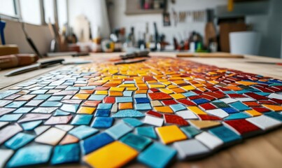 Obraz premium A vibrant mosaic artwork made of colorful tiles displayed on a wooden table in the studio.
