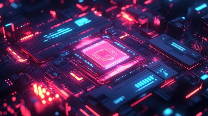 Obraz premium Neon Circuit Board with Central Processor