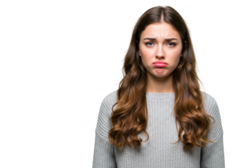 A young woman with long wavy brown hair wearing a light gray sweater expressing sadness isolated on transparent background