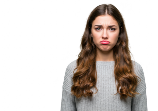 A young woman with long wavy brown hair wearing a light gray sweater expressing sadness isolated on transparent background