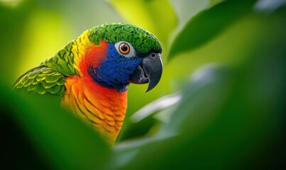 Naklejka premium A vibrant scaly-breasted lorikeet peers out from the lush green foliage in its habitat.