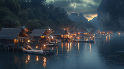 Fototapeta premium Floating village with illuminated huts on serene lake at dusk