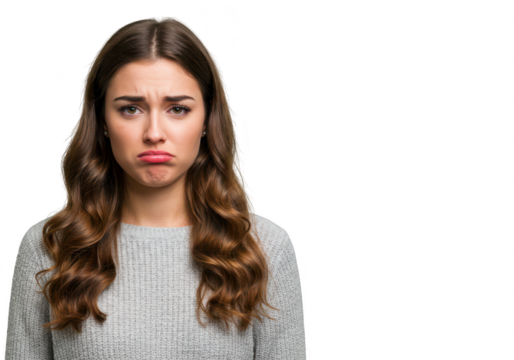 A young woman with long wavy brown hair wearing a light gray sweater expressing sadness isolated on transparent background