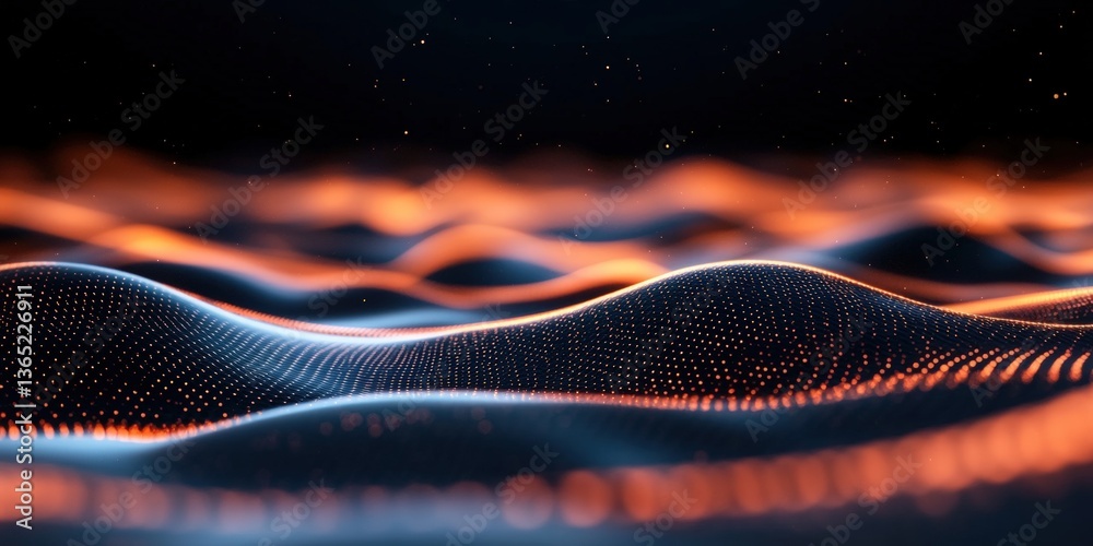 Poster 3d blue orange abstract with digital connections and lines, dots representing digital binary data. c