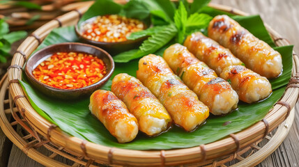 Grilled Vietnamese nem nuong , nem lui pork skewers arranged with fresh herbs and fish sauce