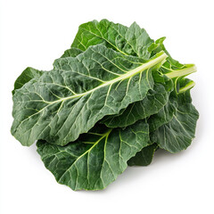 Close up of a pile of fresh green collard leaves on a white background