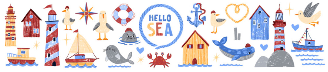 Ship kids doodle illustration set, vector sea nursery poster print, hand drawn scribble texture kit. Cute cartoon seagull, lighthouse building, sailboat, childish naive ocean animals. Ship kids art © Oleksandra