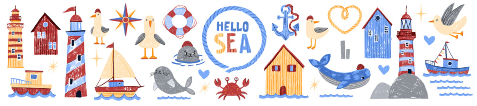 Naklejki Ship kids doodle illustration set, vector sea nursery poster print, hand drawn scribble texture kit. Cute cartoon seagull, lighthouse building, sailboat, childish naive ocean animals. Ship kids art