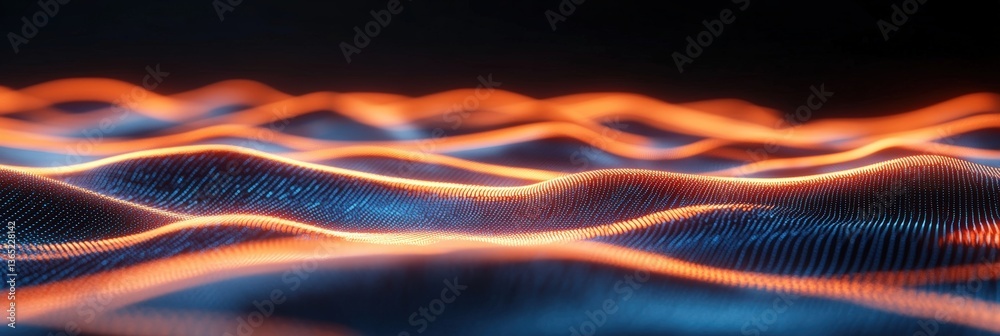 Poster 3d blue orange abstract with digital connections and lines, dots representing digital binary data. c