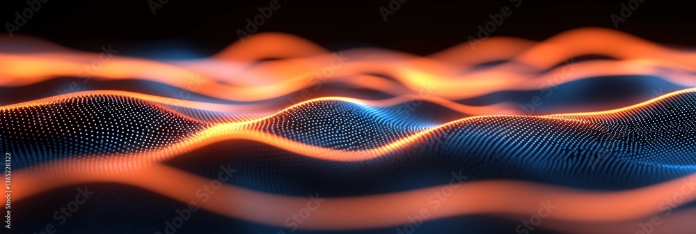 Poster 3d blue orange abstract with digital connections and lines, dots representing digital binary data. c