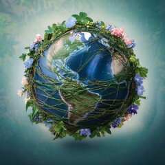 green planet earth with flowers