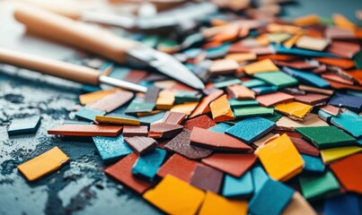 A vibrant collection of colorful mosaic tiles and tools lies scattered on a textured table.