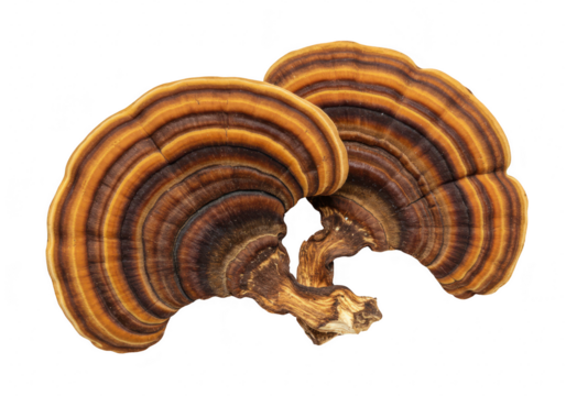 A pair of dried turkey tail mushrooms with rich layered rings isolated on transparent background