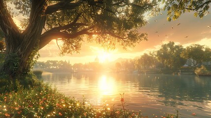  A tranquil sunset over a quiet lake, where the water is perfectly still and reflects the vibrant colors of the sky, with tall trees lining the shore and a soft breeze rustling the leaves 