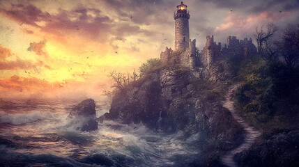 Tranquil Watercolor Cliffside with Lighthouse