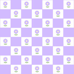 Abstract seamless pattern with flowers. Retro checkered purple background.