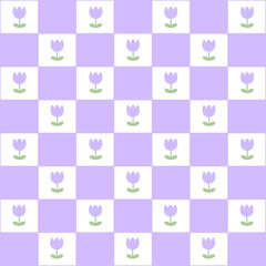 Abstract seamless pattern with flowers. Retro checkered purple background.