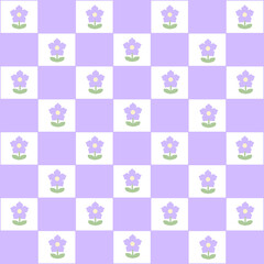 Abstract seamless pattern with flowers. Retro checkered purple background.