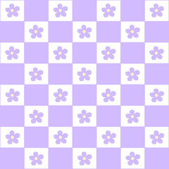 Abstract seamless pattern with flowers. Retro checkered purple background.
