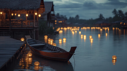 traditional Thai riverside home with wooden boat and glowing lanterns