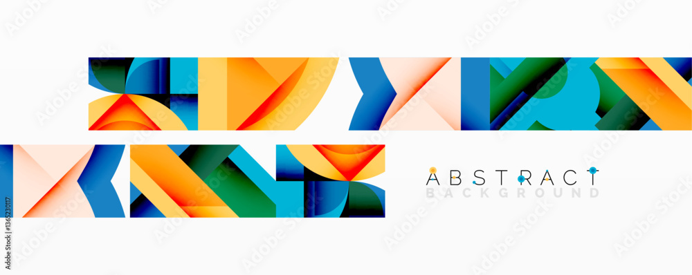 Poster Abstract geometric composition with interlocking circular and angular shapes, featuring smooth gradients and sharp contrasts on a white background