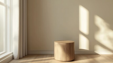 Sunlight Illuminates Minimalist Wooden Cylinder Display on Light Beige Wall
