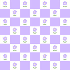 Abstract seamless pattern with flowers. Retro checkered purple background.