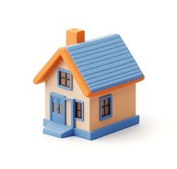 A simple icon of an orange and blue house, 3D rendering, white background