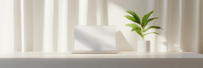 Fototapeta premium Minimalistic white laptop on desk with potted plant creating a simple and clean workspace