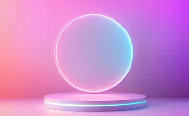 Obraz premium 3d podium with geometric shapes and glowing light ring on pastel background. product display and presentation design