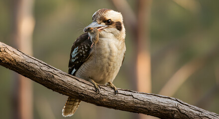 Naklejka premium Laughing Kookaburra perched on a branch with a mouse in its beak close up