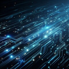 A futuristic digital background featuring glowing blue circuitry lines and connected dots on a dark blue gradient backdrop. The circuit lines extend diagonally with a neon effect.