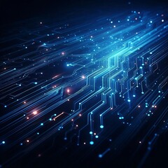 A futuristic digital background featuring glowing blue circuitry lines and connected dots on a dark blue gradient backdrop. The circuit lines extend diagonally with a neon effect.