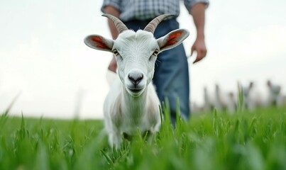 Obraz premium A curious white goat with horns standing in a lush, green meadow looks directly at the camera.