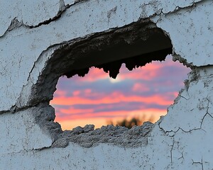 A damaged wall with a hole revealing a beautiful colorful sunset