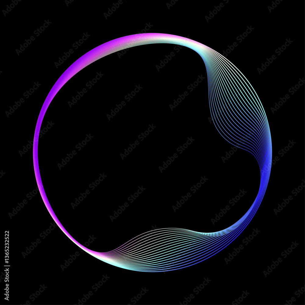 Leinwandbilder Neon iridescent blend line circle frame. Abstract circular shape composed of wavy lines with a smooth color spectrum gradient on a black background. Vector illustration 
