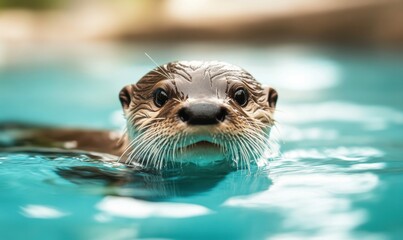 Fototapeta premium A curious river otter swims towards the camera, its whiskers glistening in the clear water.