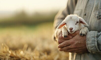 A gentle farmer cradles a small, fluffy lamb in his arms, bathed in golden sunlight in a tranquil field.