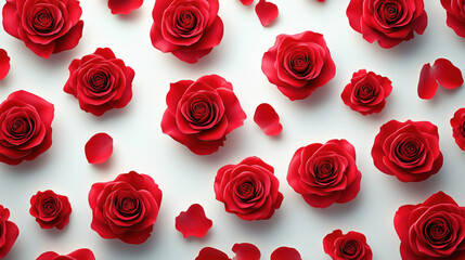 Obraz premium Red roses and petals creating a romantic pattern on white background. Desktop wallpaper.